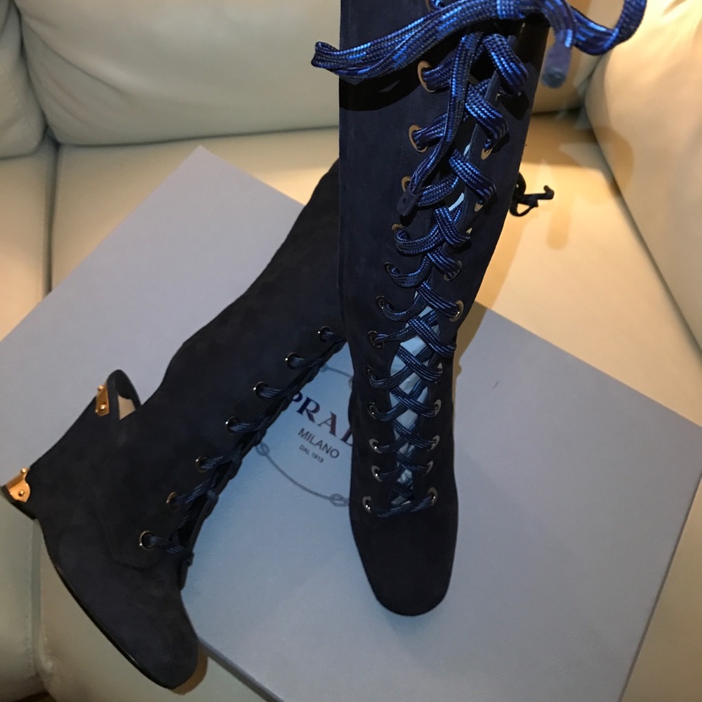 PRADA DARK BLUE LACED KNEW OPEN HEEL BOOTS SIZE 6.5 (36.5 Italian size) - Picture 5 of 17